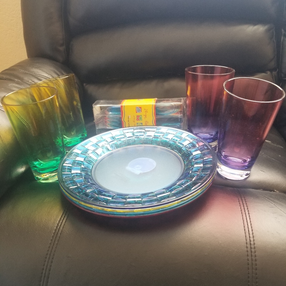 4pc Plate, Matching Cups & 24pc. flatware Set with added yellow 3 plates & 4 cup